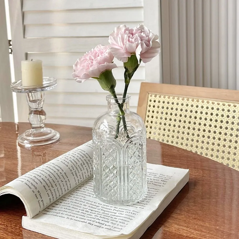 Transparent Mini Glass Flower Vase with Embossed Vintage Relief