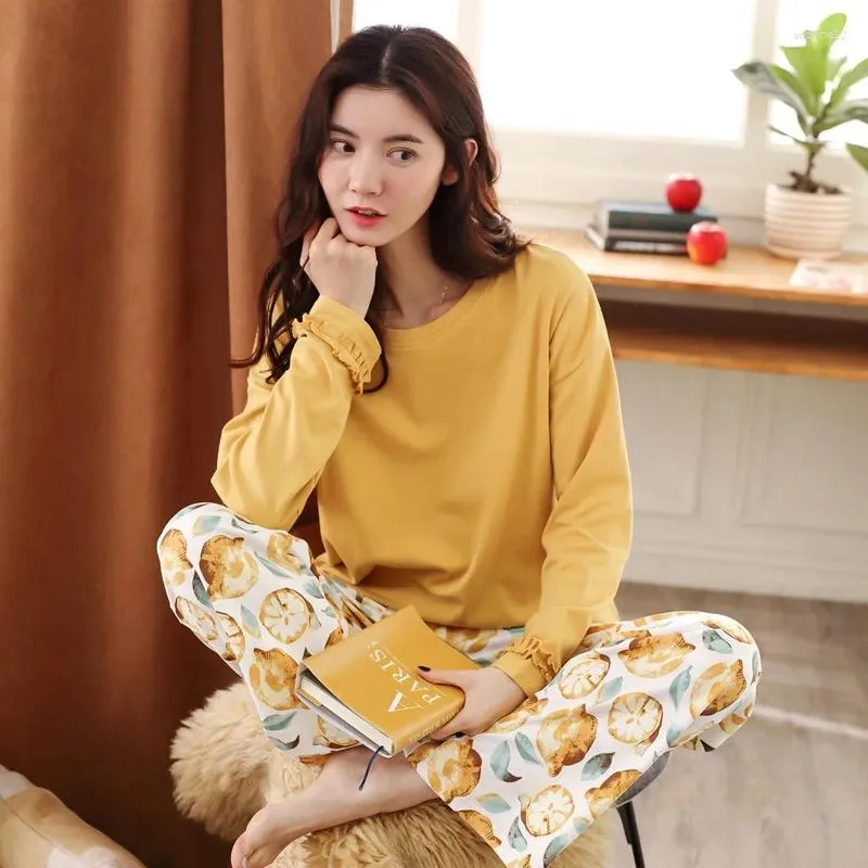 Домашняя одежда Женщины пижама набор хлопка желтого цвета для печати длинные брюки 2 куски