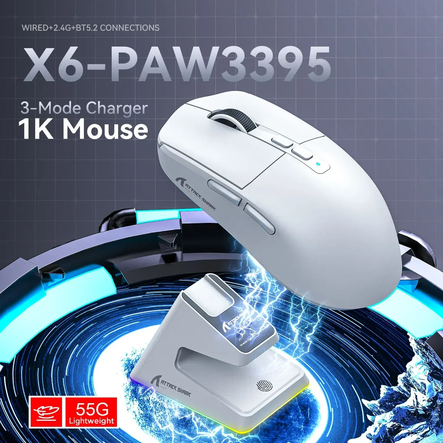 攻撃Shark X6 PAW3395 Bluetoothマウス、トライモード接続、RGBタッチ磁気充電ベース、マクロゲームマウス