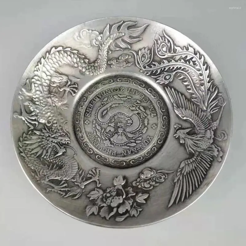 Decorative Figurines Exquisite Old Chinese Decorated Handwork Tibetan Silver Dragon Phoenix Plate