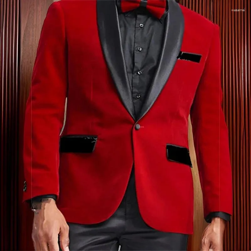 メンズスーツマンウェディング用のフォーマルスーツジャケット1ピースレッドベルベット喫煙ブレザースリムフィットショールラペル男性ファッションコート2024