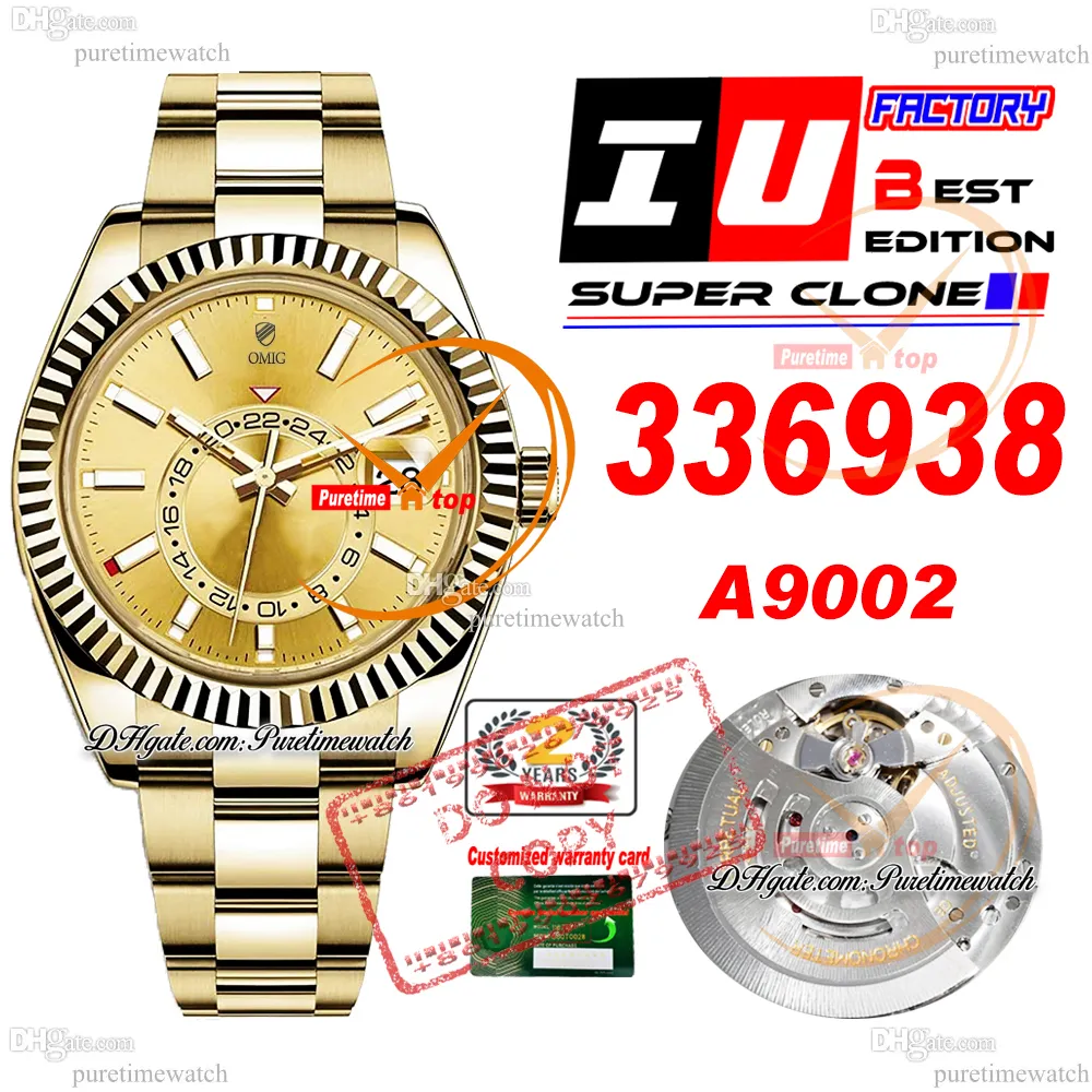 Sky Dweller 336938 A9002 Automatische heren Watch IUF 42 mm Geelgouden wijzerplaat 904L Oystesteel Bracelet Super Edition met SMAE seriële kaarthorloges Puretime Reloj Ptrx F2