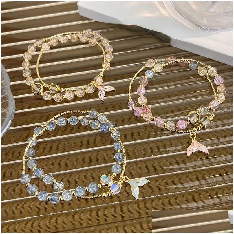 Strandado Faixa coreana Moda Crystal Bads Pingente de rabo de peixe Double Bracelet Double Sweet Temperamento Acessórios exclusivos para mulheres Presente Dhntp