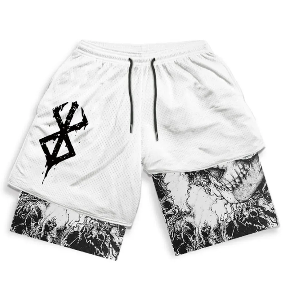 Y2k shorts broek heren Japanse Harajuku gotische anime print 2 in 1 dubbele laag casual sport shorts nieuwe heren basketbal shorts