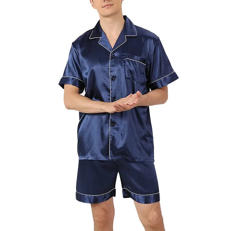 Mężczyzny Satin Satin Pajamas Set 2pcs Owód nocny kołnierz Długie rękawy Button Pj SET SET LOUNGEAR 240402