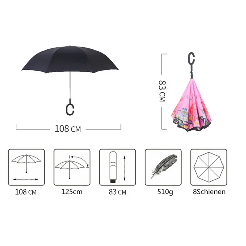 Colorido automático reverso reverso de plegamiento hombre mujer solar automóvil de lluvia para paraguas invertidas de doble capa anti UV auto -stand parapluie