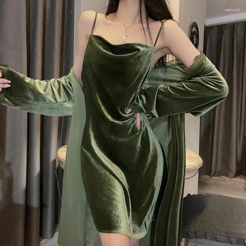 Home Clothing Velour Robe Gown Set Woman Sleepwear Nightdress Nightgown Spring Lace Kimono Bathrobe Suit Casual Female Loungewear