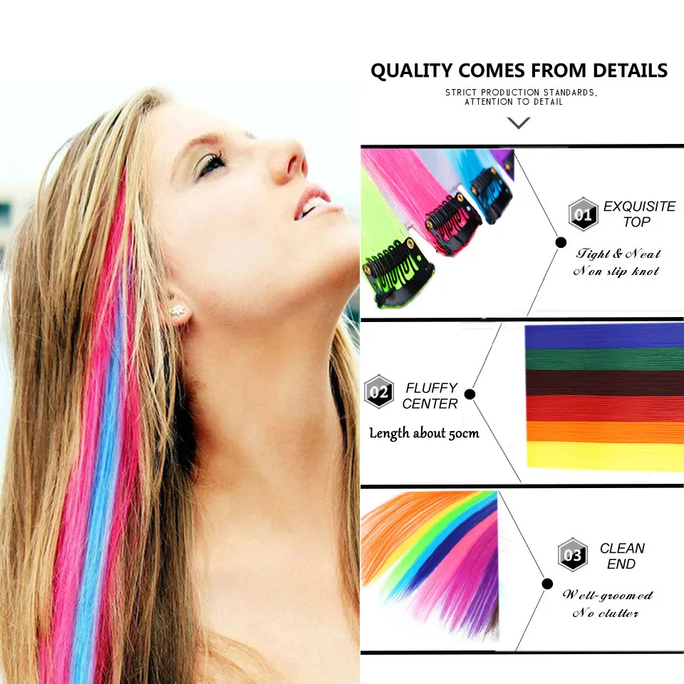 18 Clip ombre synthétique coloré dans les cheveux One Piece Long Long Raide Rainbow 22 pouces Party Highlights Extensions for Women Kids Girls