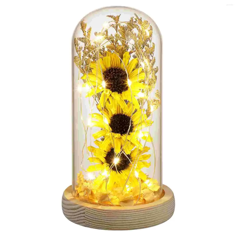 Decorative Flowers Astetic Room Decor Dried Sunflower Party Decoration Decorate Light Glass Dome Indoor Lamp Woman