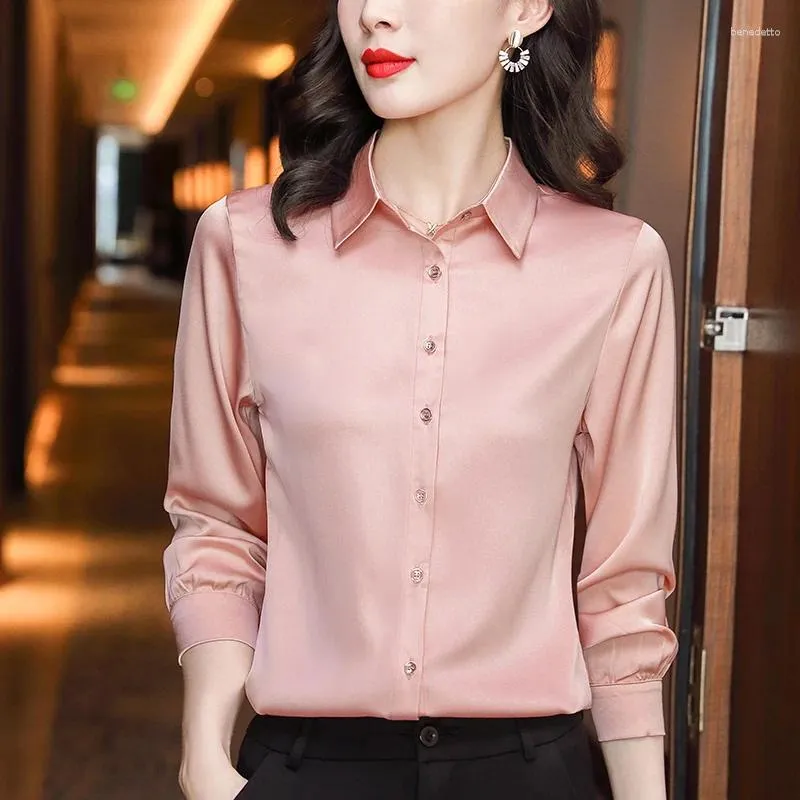Women's Blouses Solid Color Slim Fit Versatile Long Sleeved Chiffon Cardigan Shirt Spring And Autumn Lapel Professional Fashion Top