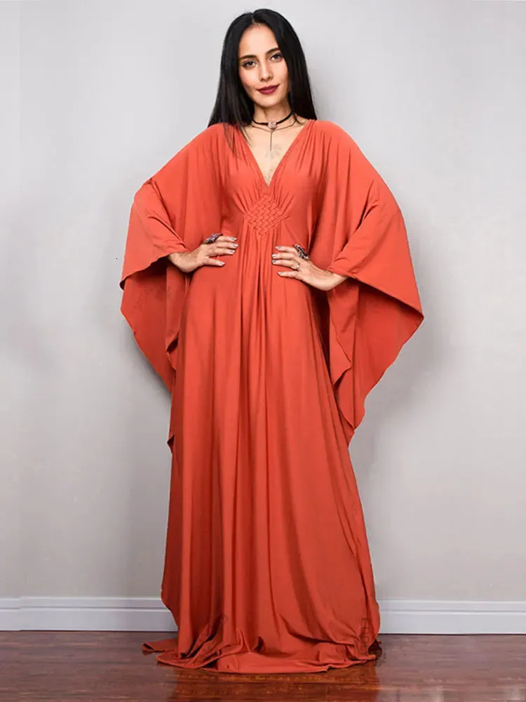 Solid V-neck Batwing Sleeve Plus Size Kaftan Loose Maxi Dresses Women Summer Beachwear Bathing Robe Soft House Dress N1306 240321