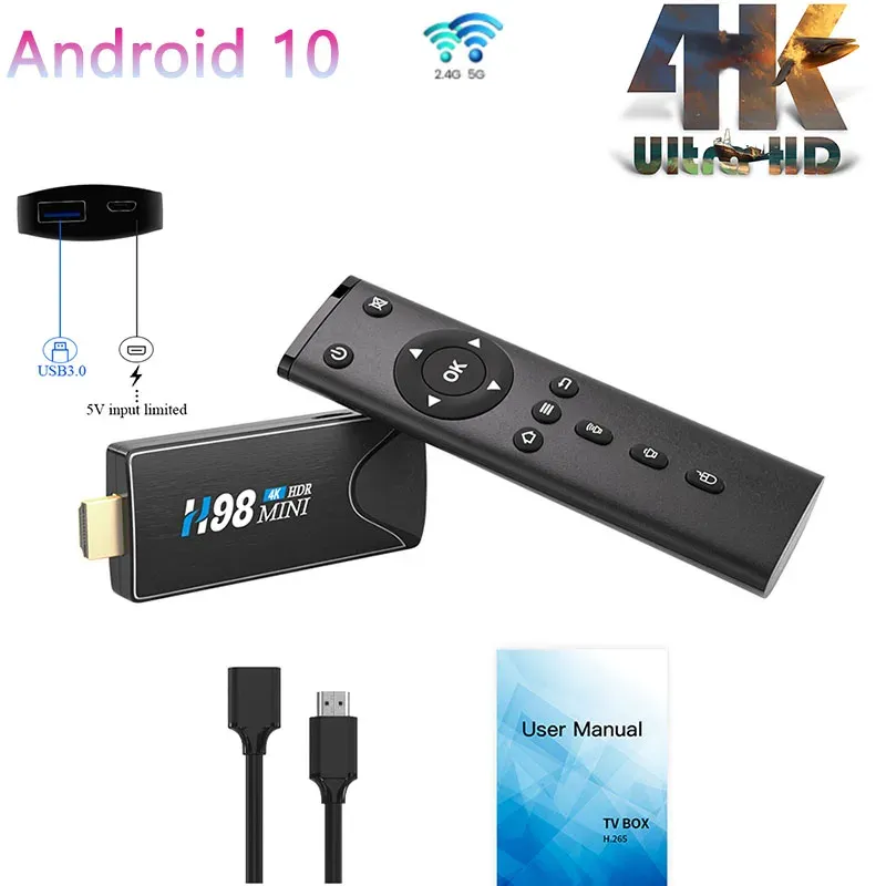 Caixa H98 Mini Smart TV Stick Android TV Box 10 4G/32G 3D Vídeo 4K 2.4G 5G WiFi Bluetooth Quadcore TV Box Set.