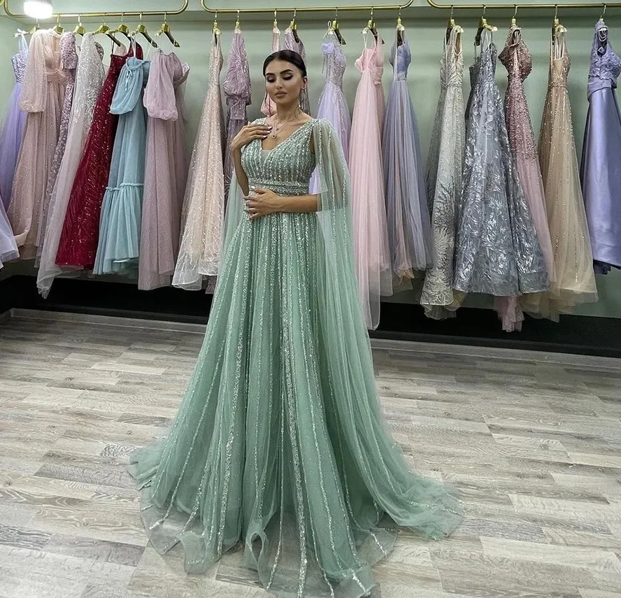 2024 Luxury Sage A-line Prom Pageant Dress Cap Sleeves V-neck Beads Embroidery Tulle Birthday Evening Party Gowns Robe De Soiree