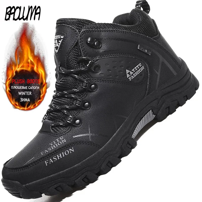 Bottes Marque Bottes d'hiver pour hommes Bottes de neige masculines Hiver Cuir chaud imperméable hommes baskets extérieures Bottes de randonnée respirantes Chaussures de travail