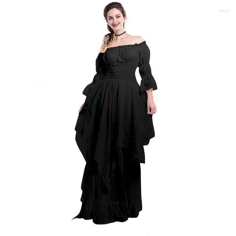 Basic Casual Dresses Vintage Medieval Costume Woman Retro Renaissance Lace Irregar Maxi Dress Corset Waist Long Halloween Cosplay 5Xl Dh9Fv