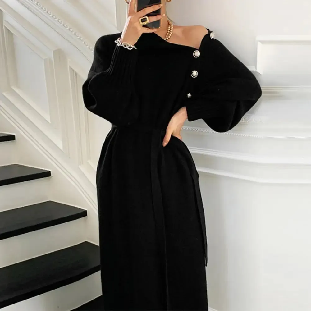Women's High Collar Knitted Long Sleeve Dress with Neck Protection and Belt - Autumn/Winter Trend