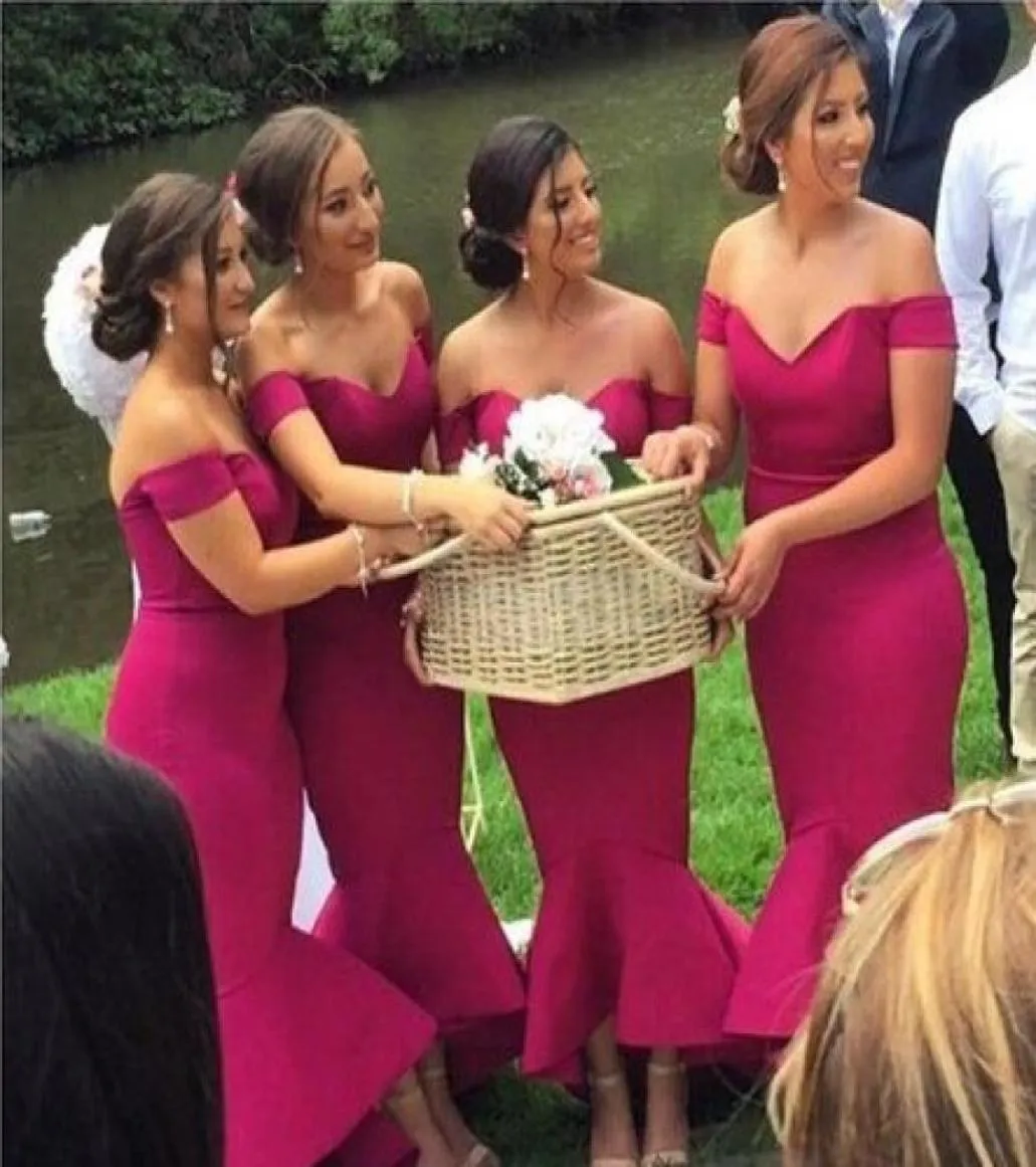 Plain Satin Magenta Mermaid Bridesmaid Dresses Off Shoulder Plus Size Wedding Guest Dresses Tea Length Cocktail Party Dresses Chea7818110