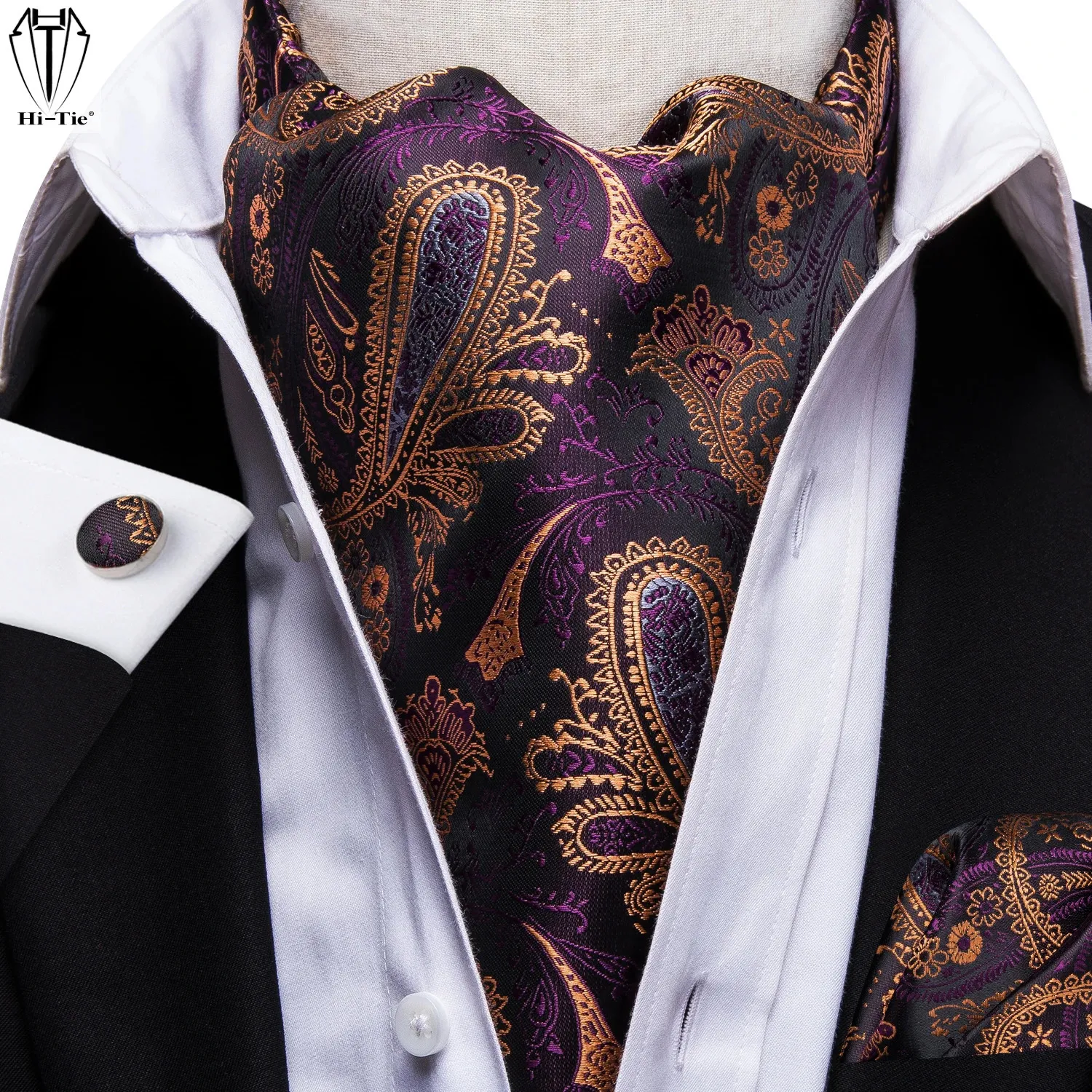 Hitie Purple Gold Paisley Silk Mens Ascots Hanky Cufflinks Set Jacquard Cashew Vintage Cravat Tie Scarf for Male Wedding Prom240409