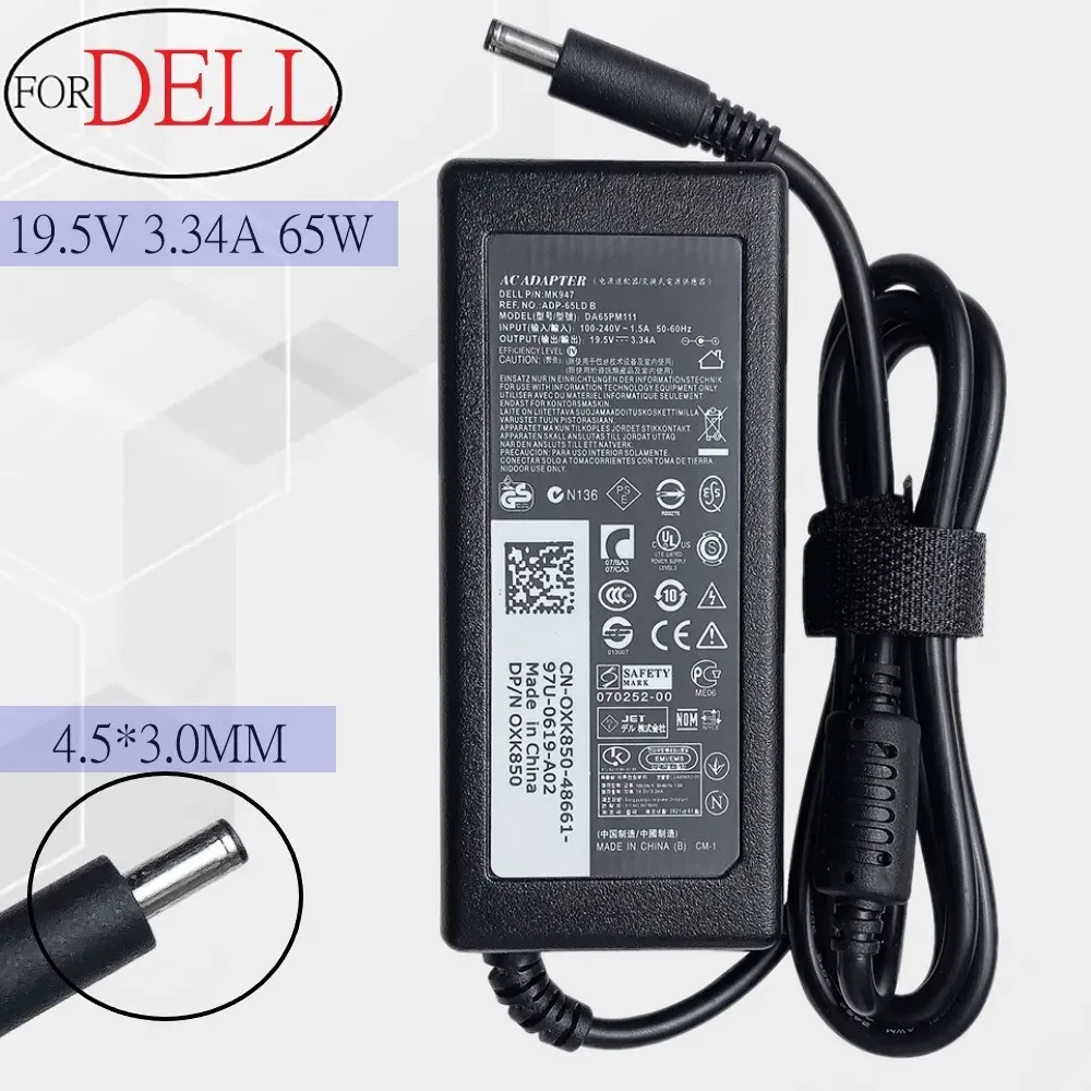 Adapter 19.5V 3.34A 65W Laptop Charger AC Adapter för Dell Vostro 15 3561 3562 3565 3568 3572 3578 5568 5370 XPS 13 9333 934444