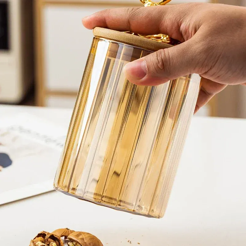 Sealed Glass Jar with Gold Deer Lid Nuts Coffee Beans Grain Storage Jar Glass Tea Jar Kitchen Food Home Storage Decorations Jar