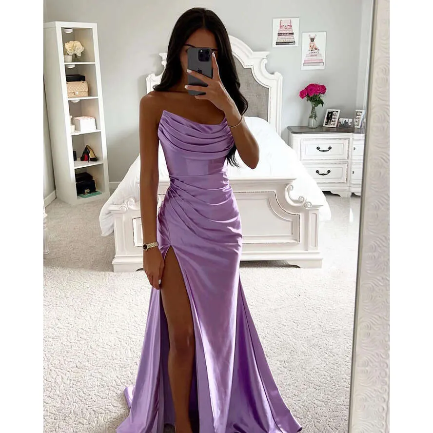 Lavender Purple Strapless Sheath Evening Dress with Pleats and Sweep Train, Square Neckline, Backless, Satin Fabric, Empire Waist, Split Detail from Dhgate Prom Dresses - price 150.76 Lavender Purple Strapless Sheath Evening Dress with Pleats and Sweep Train, Square Neckline, Backless, Satin Fabric, Empire Waist, Split Detail from Dhgate Prom Dresses - price 150.76