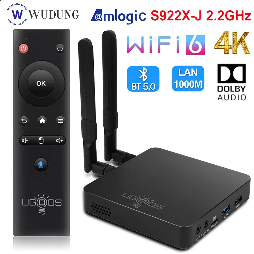 Box Ugoos Am6b Plus Amlogic S922XJ Android 9.0 TV Box DDR4 4G 32G WiFi6 1000M LAN VOCE REMOTE 4K HD Player