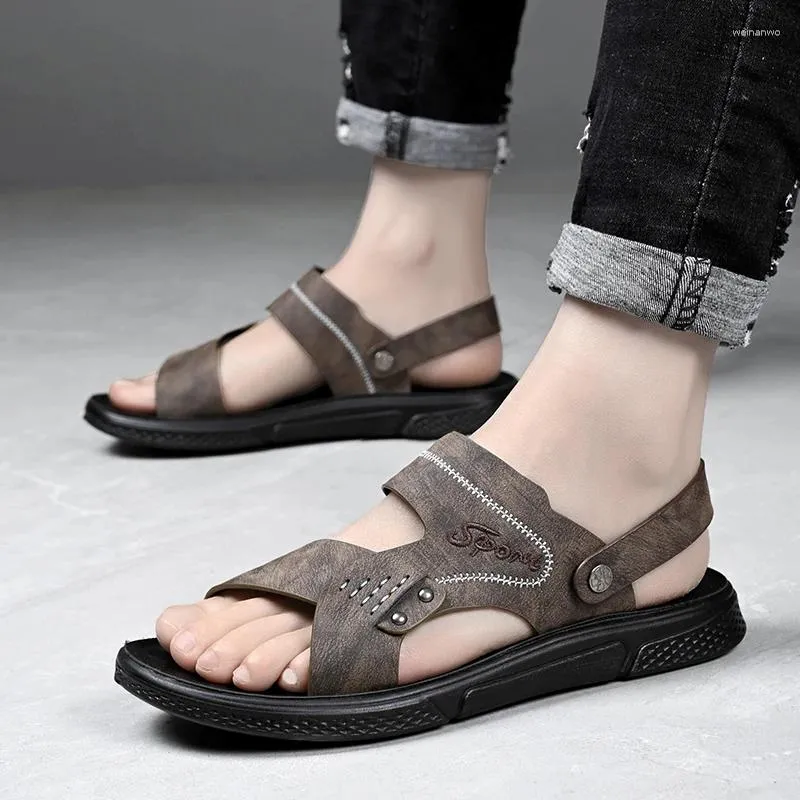 Sandalen Männer Lederschuhe rutschen auf Mode -Sommer -Herrenschuhen schwarz schwarz