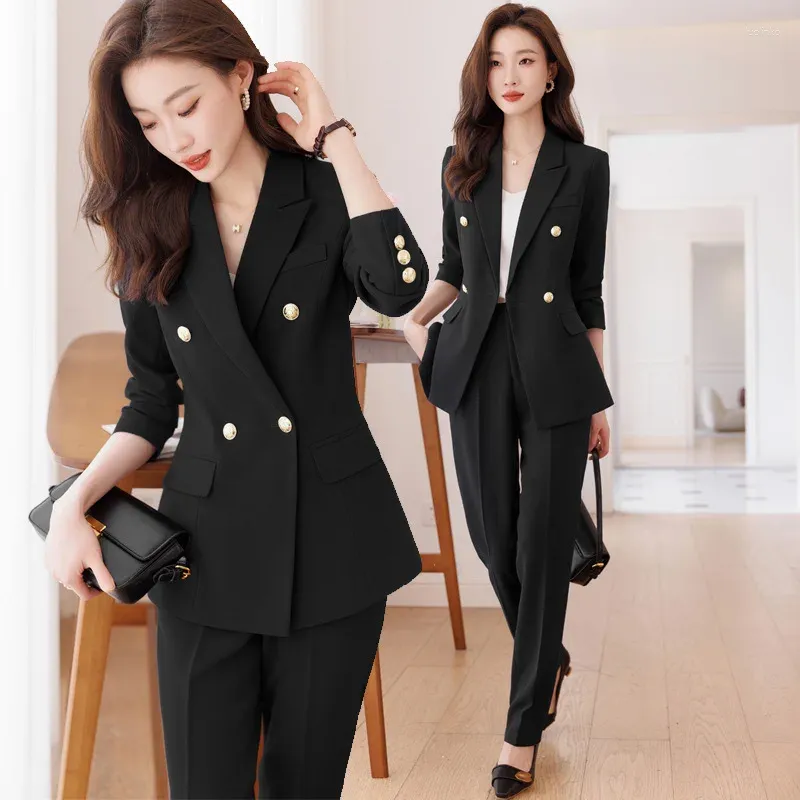 Kvinnors tvåbitar byxor svart dubbelbröst kostym Autumn Clothing Dignified Fan High End Business Manager Overalls