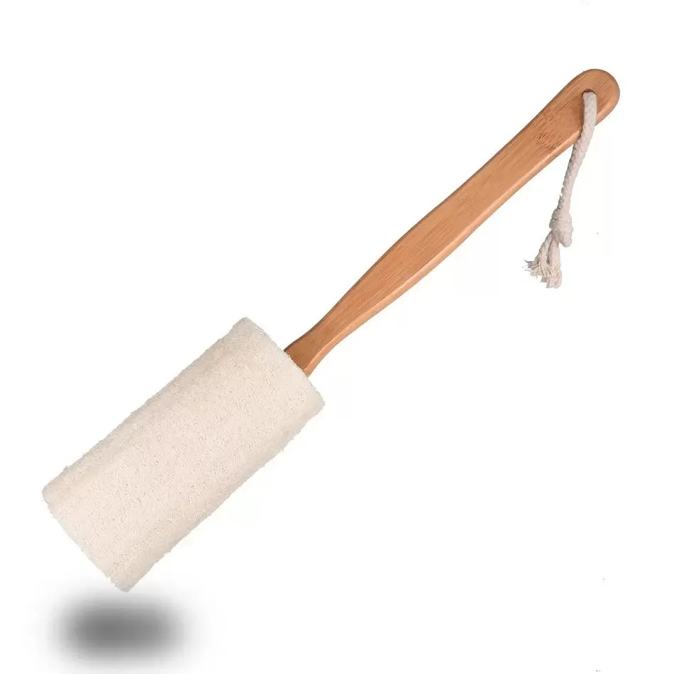 Brosse de bain du foofah naturel avec une longue poignée en bois exfoliant la douche de peau sèche Body Broadber Spa Masseur Cepillo de Bano de Lufa Natural Con Largo de Madera