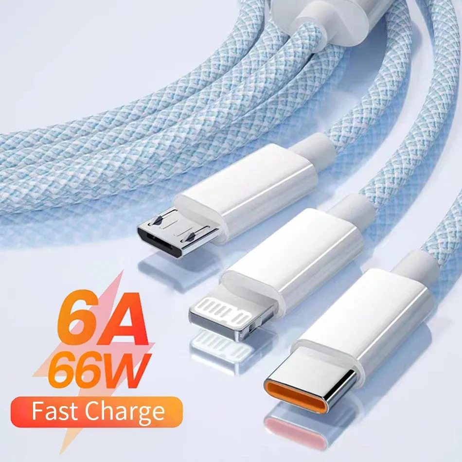 6A 66W 3 en 1 Câble de charge rapide 6A USB TYPE C Câble USB C Câble de données 3A Micro USB Téléphone mobile Câble pour iPhone 14 1.2M / 2M / 3M