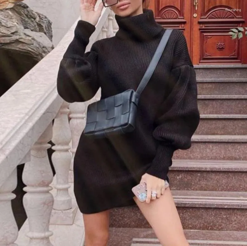 Casual Dresses 2024 Autumn And Winter Women's Fashion European American Temperament High Neck Lantern Sleeve Knitted Sweater Dress