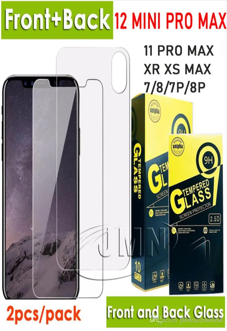 iPhone 12 Mini 11 Pro Max XR XS XS X 8 7 Packag7610882의 2PCS 필름을위한 전면 및 후면 강화 유리 전화 화면 보호기.