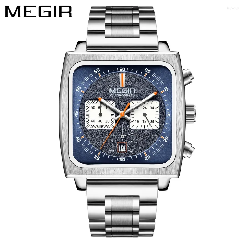 Armbandsur Megir Square Dial Chronograph Quartz handledsklockor för mäns mode multifunktionell avslappnad sport manlig armbandsur dygnet 24-timmar