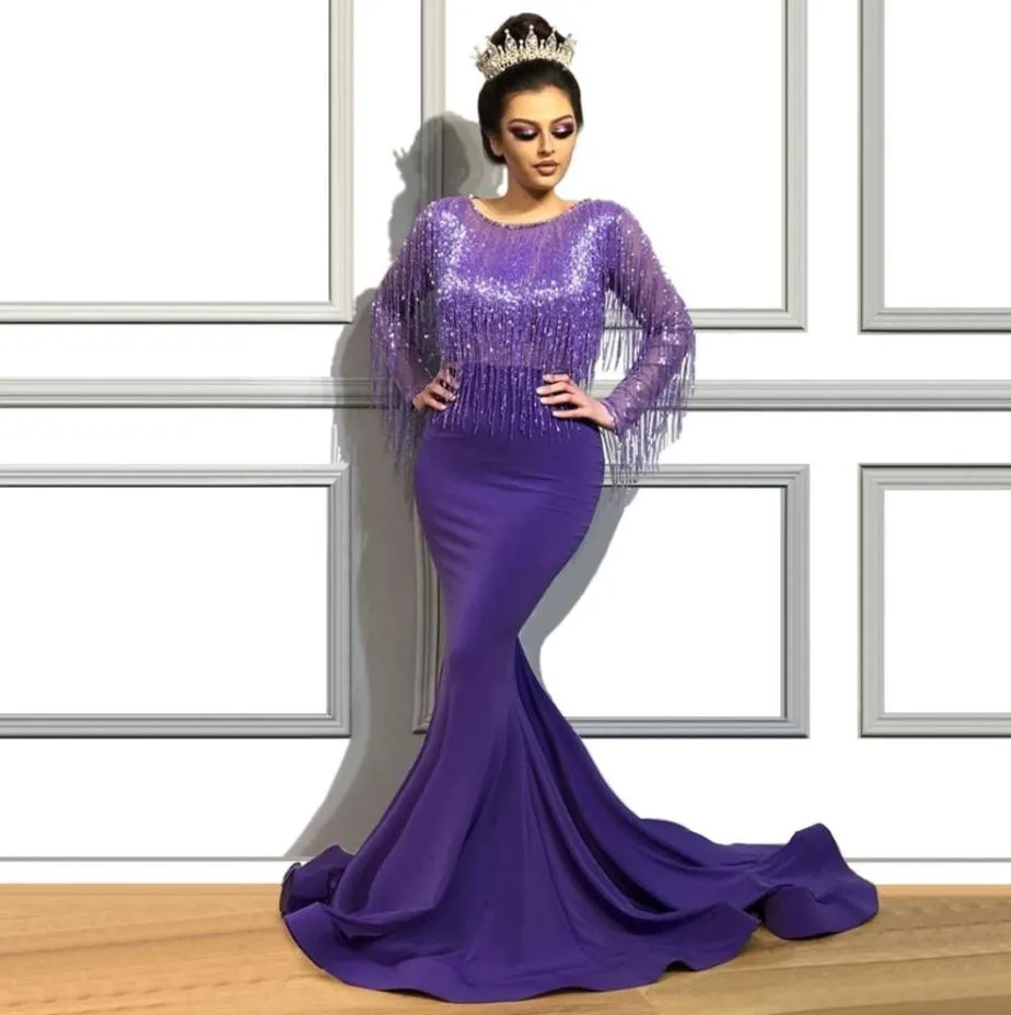 Purple Arabische Tassel Mermaid avondjurken kralen juweel nek lange mouwen prom -jurken vegen trein satijnen formele jurk3825679