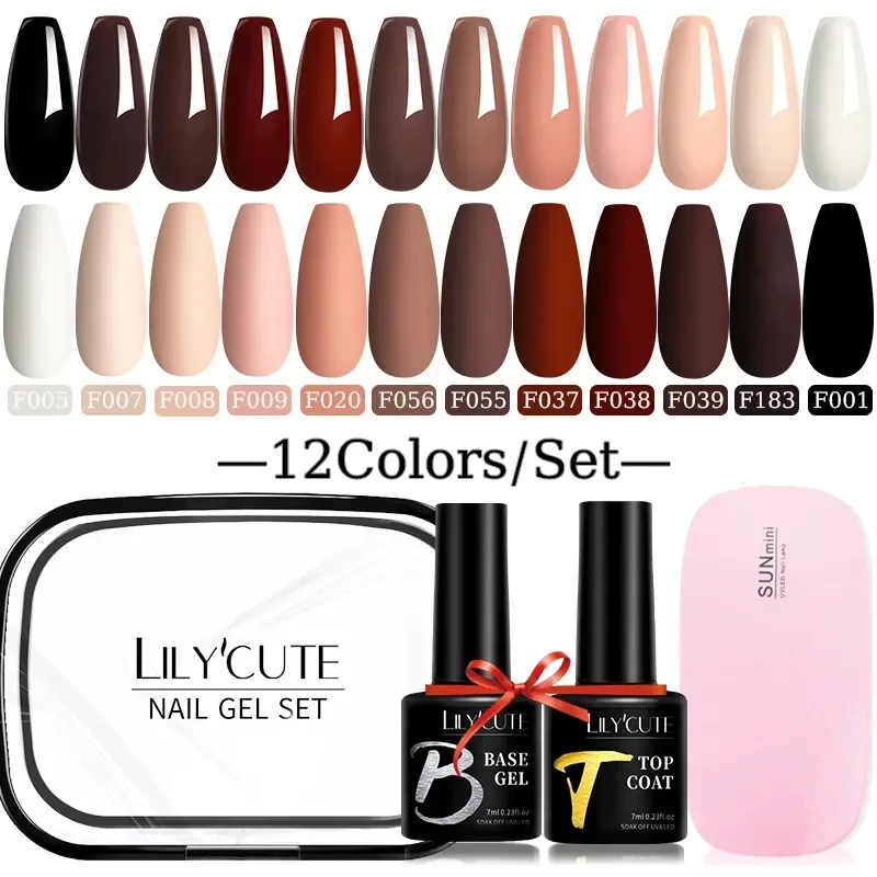 Kits lilycute 12pcs/conjunto de unhas em gel com lâmpada UV de 6w Lâmpada de cafeteira de café nud