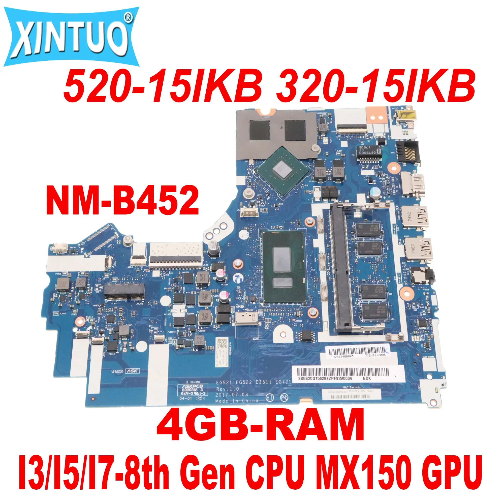 Carte mère NMB452 pour Lenovo IdeaPad 33015IKB 32015IKB 52015IKB Branche mère d'ordinateur portable avec i3 i5 i78th Gen CPU 4GBRAM MX150 2G GPU DDR4