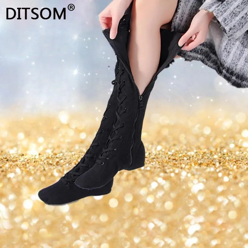 Dance Shoes High Boots For Women Canvas Side Zip And Lace Up Soft Ballet Jazz Dancing Street Girls Stage Performance
