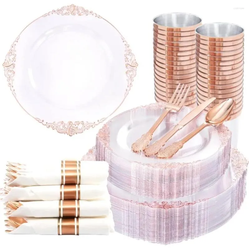 Plates 350PCS Rose Gold Plastic - Clear Disposable 50Dinner Dish Complete Tableware Freight Free