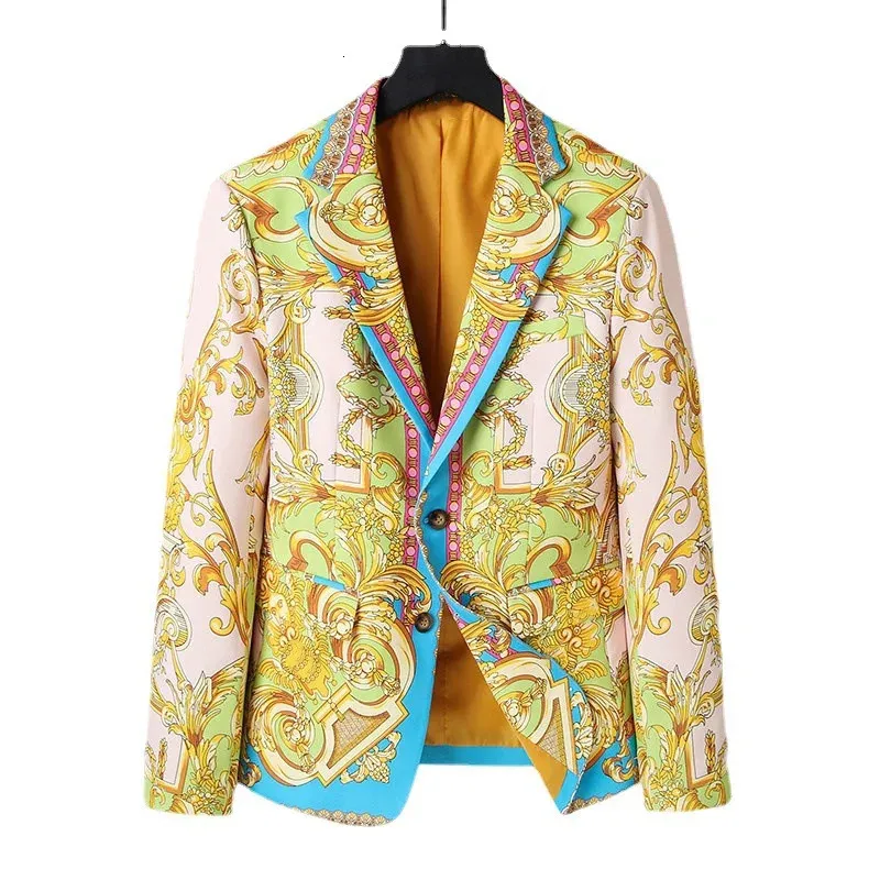 Роскошный бренд золотой барочный принт Blazer Slim Fit Men Blazer Сценея ткани Свадебное платье Свадебное платье мужское золотое пиджак 240329