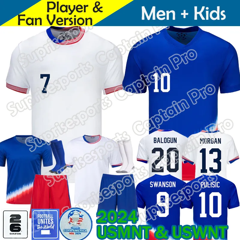 USAS Soccer Jerseys 2024 2025 Copa America USWNT Woman Kids Kit USMNT 24/25 Home Away Football Shirts Men Player Version 2024 PULISIC SMITH MORGAN BALOGUN Plus Size 4XL