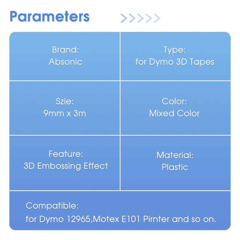 mixedcolor 9mm DyMo 3D Fita de fita de relevo compatível para fita de etiqueta DYMO 3D Substitua para DYMO 12965 1610 MOTEX E101 Label