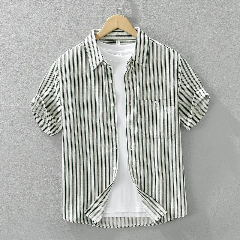 Camisas casuais masculinas estilo japonês artístico listrado listrado camisa curta de algodão jovem masculino masculino versátil top solto