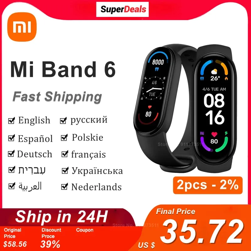 リストバンドオリジナルXiaomi Mi Band 6スマートブレスレットウォッチMIスマートバンド6スポーツフィットネストラッカーAMOLEDスクリーンブラッド酸素モニターMI6