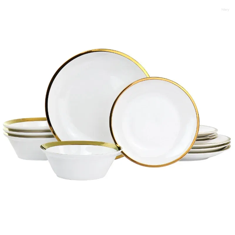 Plates Gibson Home Premier Gold Fine Ceramic 12 Piece Dinnerware Set