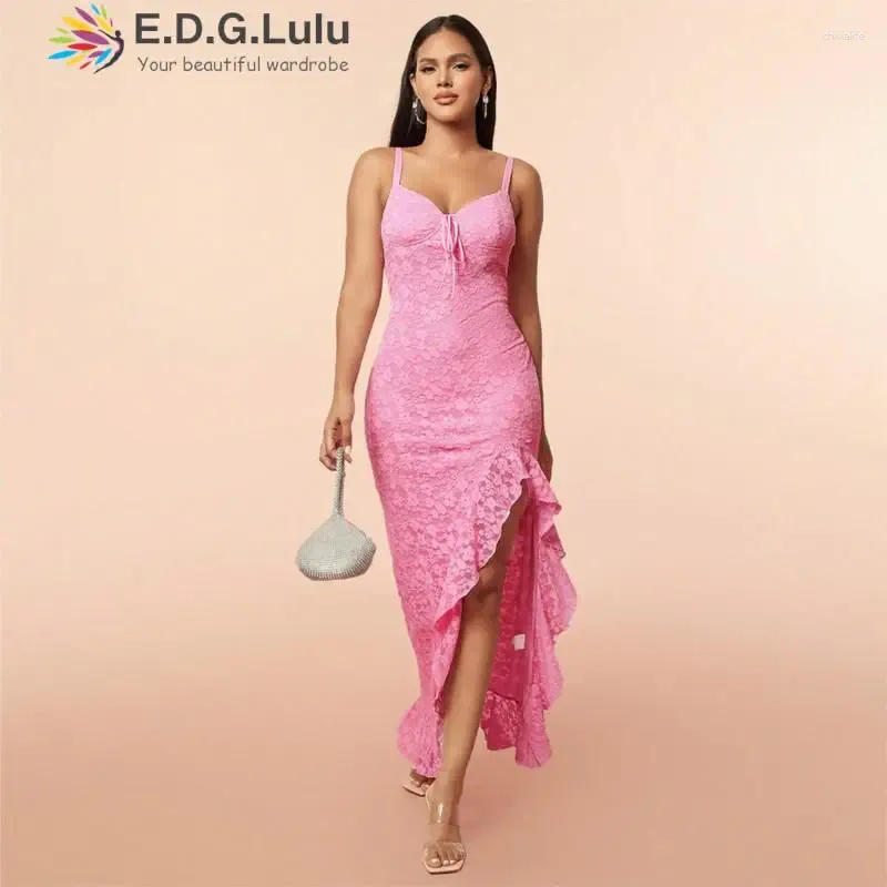 Abiti casual Edglulu Spaghetti Cingcio a V-Neck Lace-Up senza maniche Long Dress Sexy Abito Ricace Ricola rosa rosa rosa Ruffl