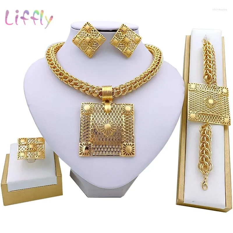 Necklace Earrings Set Gold Color African For Women Nigerian Bridal Wedding Luxury Jewellery Bracelet Ring