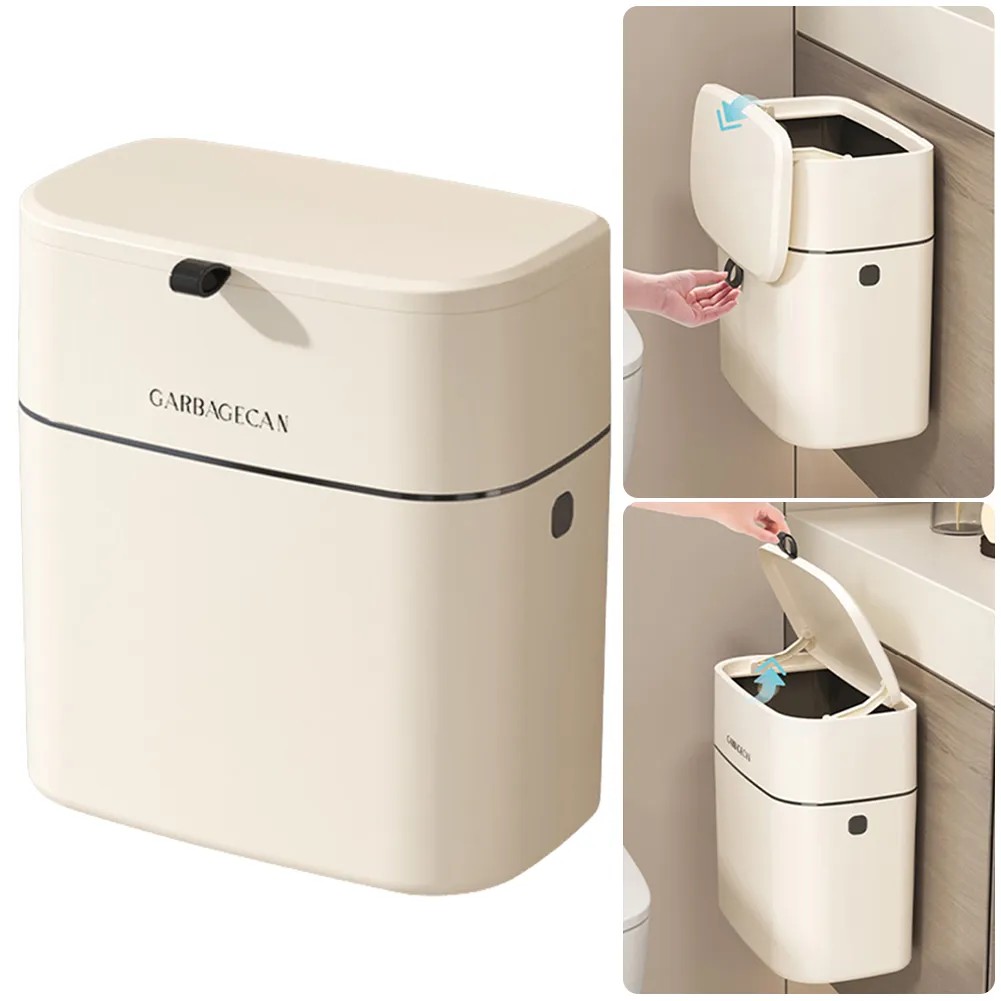 9L Garbage Can with Lid Wall Mounted Trash Can Punching-free Waste Garbage Bin Food Waste Container for Kitchen/Bathroom Toilet