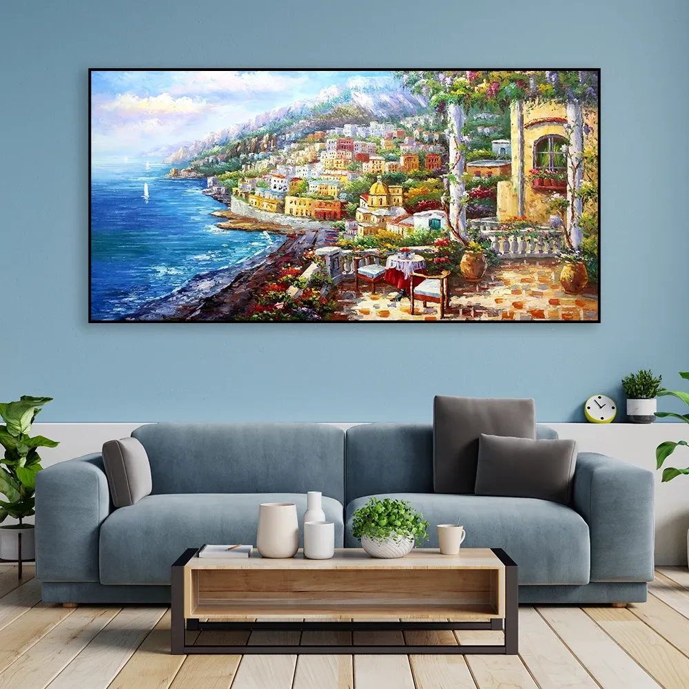 Italia European Paesaggio Abstract Oil Painting Stampe Varenna Como Lake Poster Grande tela di pittura da parete Arte Domanda