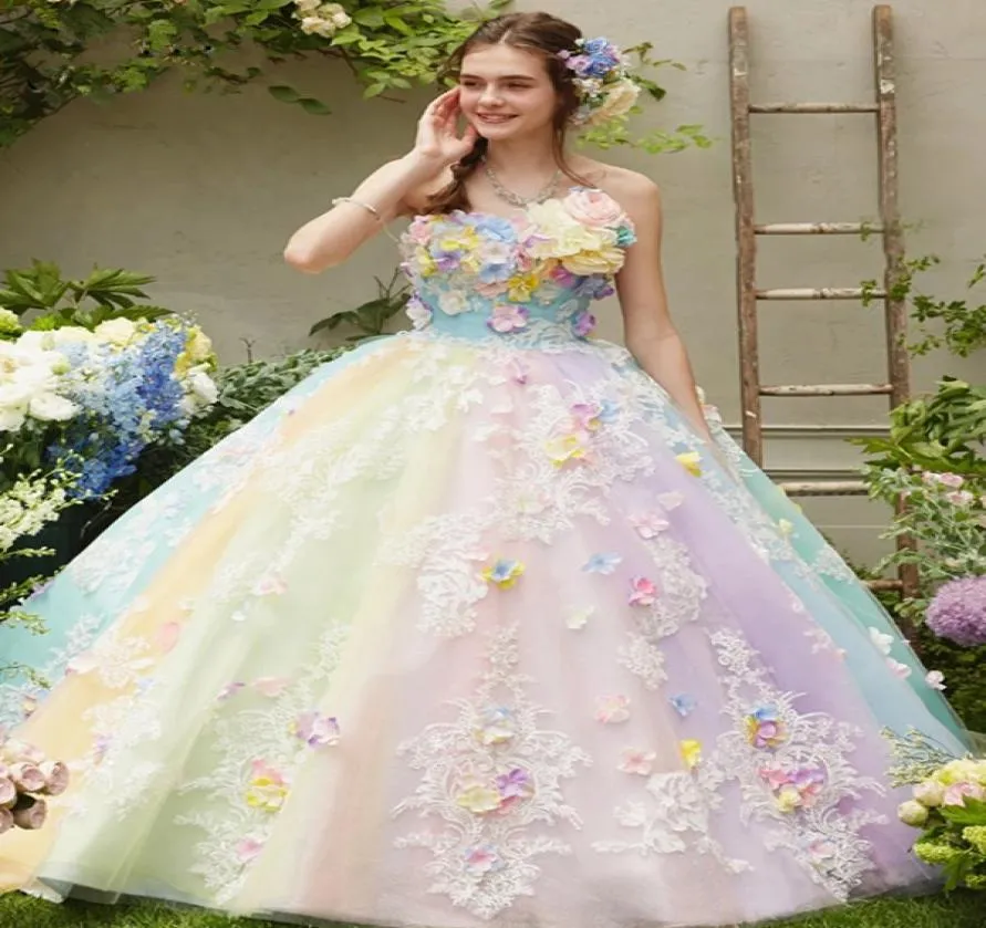 Sweet Pastel Rainbow A Line Wedding Gowns 2022 Strapless 3D Floral Applique Plus Size Sweep Train vestido de novia para boda civil9784568