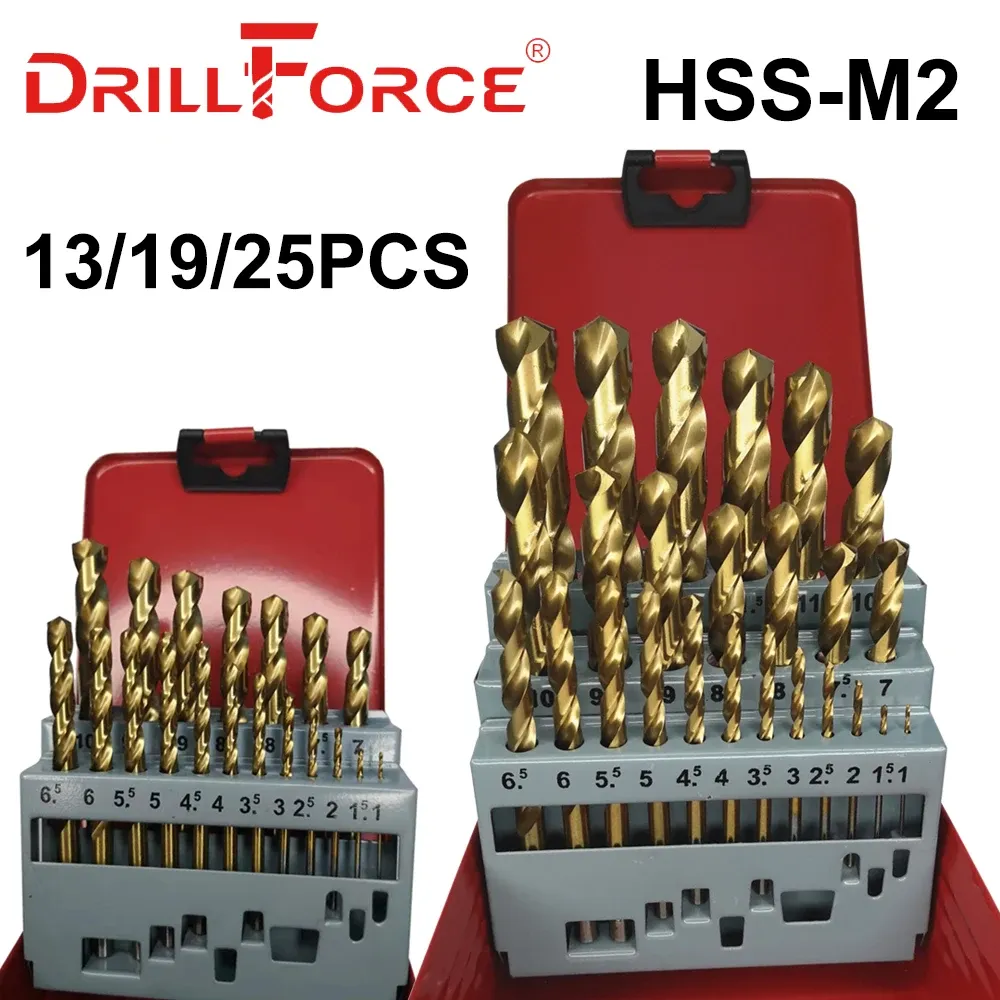 DRILLFORCE HSS M2 Titanium Coated Drill Bit 13/19/25PCS For Metal Woodworking Drilling Bits Set Power Tools Accessories